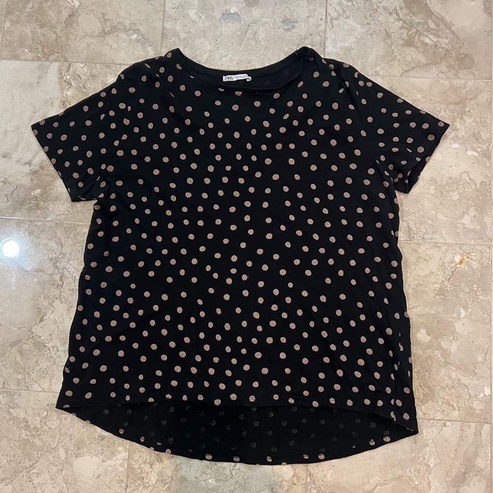 Zara black and tan polka dot t-shirt with duck tail